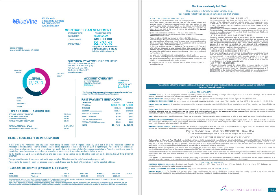 USA California BlueVine bank mortgage loan statement in Word and PDF formats , 4 pages 1 2
